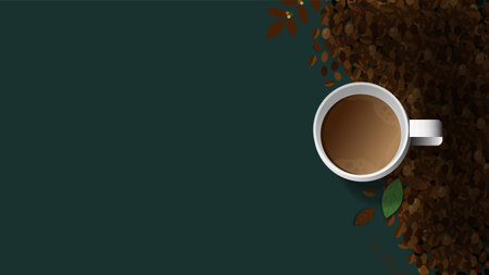 White cup of fresh coffee with steam smoke,coffee beans and leaves on green background with copy space.Decorative design for banner,poster advertisement, flyers and card collection.Vector illustrationのイラスト素材