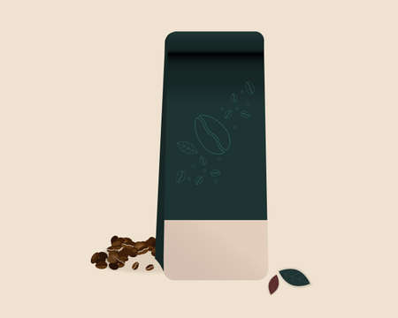 White cup of fresh coffee with steam smoke,coffee beans and leaves on green background with copy space.Decorative design for banner,poster advertisement, flyers and card collection.Vector illustrationのイラスト素材