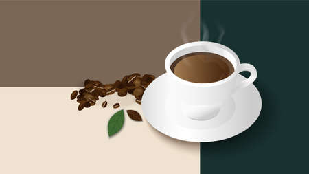 White cup of fresh coffee with steam smoke,coffee beans and leaves on green background with copy space.Decorative design for banner,poster advertisement, flyers and card collection.Vector illustrationのイラスト素材