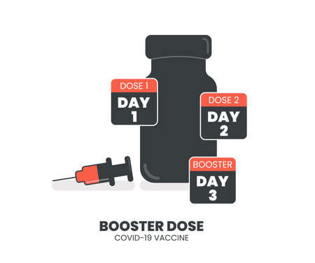 Booster injection to increase immunity or COVID-19 vaccine booster dose concept. Third booster shots vaccine after primer dose. Illustrator vector of Vaccine bottle, syringe, needle and calendar.のイラスト素材