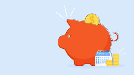Piggy bank icon with coins vector illustration isolated on blue background. Saving, investment in future or save money or open a bank deposit concept. Flat style objects. Copy space for design or textのイラスト素材