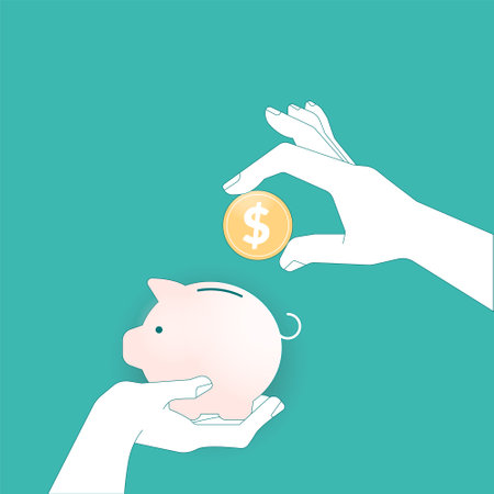 Piggy bank icon with falling coins vector illustration on a turquoise teal background. Saving, investment in future or save money or open a bank deposit concept. Flat style objects.のイラスト素材