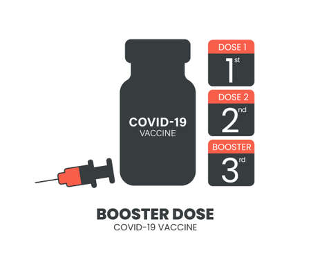 Booster injection to increase immunity or COVID-19 vaccine booster dose concept. Third booster shots vaccine after primer dose. Illustrator vector of Vaccine bottle, syringe, needle and calendar.のイラスト素材