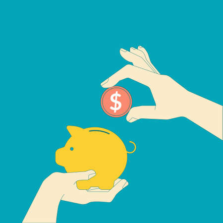 Piggy bank icon with falling coins vector illustration on a turquoise teal background. Saving, investment in future or save money or open a bank deposit concept. Flat style objects.のイラスト素材