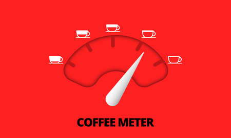 Coffee indicator, scale and arrow with white coffee cup on red background. Coffee thermometer, caffeine passion scales, measurement gauge for coffee lover meter concept. Design element. Vector.のイラスト素材