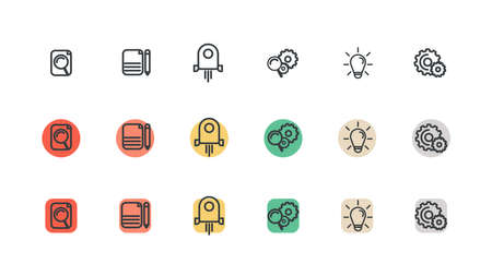 A multi-purpose set for UX and UI design or software development in design thinking concept symbol such as gear, bulb or lamp, book,
magnifying glass, space rocket in doodle art onのイラスト素材
