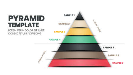 7 Steps of a pyramid or triangular template with editable text is for elements in a chart presentation slide. The hierarchy template is a modern colored vector illustration in a flat triangle shape.のイラスト素材