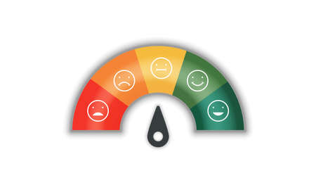 Customer experience satisfaction rating scale with a smile, angry icon in speedometer score feedback survey of a client. The level measures emoji face with arrows from bad to good vector illustrationのイラスト素材