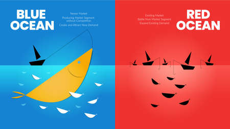 The blue ocean strategy concept presentation is a vector infographic element of niche marketing. The red sea has bloody mass competition and the pioneer  blue side has more advantages and opportunityのイラスト素材