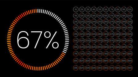 Set of gradient circle percentage meters from 0 to 100 for infographic, user interface design UI. Colorful pie chart downloading progress. Download progress icon vector.のイラスト素材