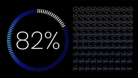 Set of gradient circle percentage meters from 0 to 100 for infographic, user interface design UI. Colorful pie chart downloading progress. Download progress icon vector.のイラスト素材