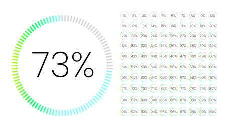 Set of gradient circle percentage meters from 0 to 100 for infographic, user interface design UI. Colorful pie chart downloading progress. Download progress icon vector.のイラスト素材