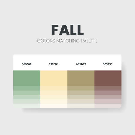 Fall color matching palettes or color schemes are trends combinations and palette guides this year; table color shades in RGB or HEX. A color swatch for a fresh fashion, home, or interior set designのイラスト素材