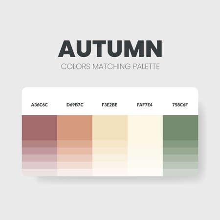 An autumn color palette or color schemes are trends combinations and palette guides this year, such as table color shades in RGB or  HEX. A color swatch for an autumn fashion, home, or interior designのイラスト素材