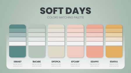 Soft days green color palettes or color schemes are trends combinations and palette guides this year; table color shades in RGB or HEX. A color swatch for a  soft day fashion, home, or interior designのイラスト素材