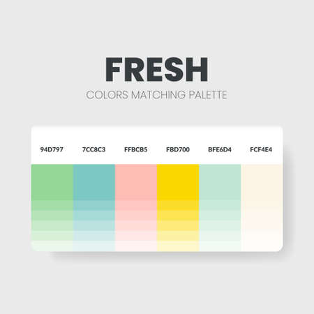 Fresh color matching palettes or color schemes are trends combinations and palette guides this year; table color shades in RGB or HEX. A color swatch for a fresh fashion, home, or interior set designのイラスト素材