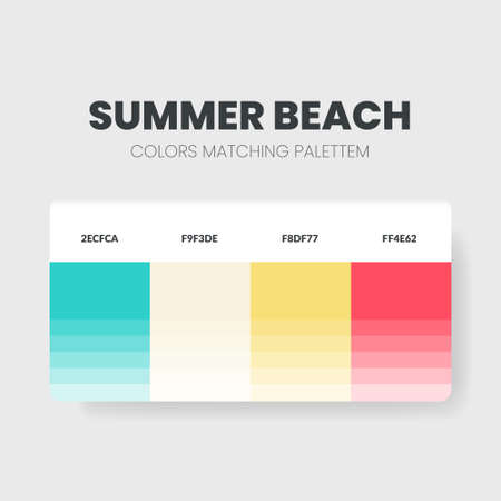 Summer color matching palettes or color schemes are trends combinations and palette guides this year; table color shades in RGB or HEX. A color swatch for a fresh fashion, home, or interiorのイラスト素材