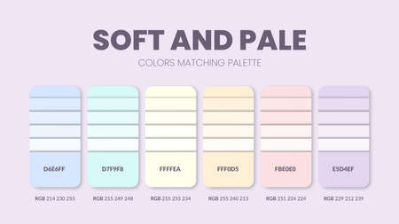 Soft color palettes or color schemes are trends combinations and palette guides this year; table color shades in RGB or HEX. A color swatch for a freedom tone fashion, home, or interior designのイラスト素材