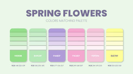 Spring Flower color schemes. Color Trends combinations and palette guide. Example of table color shades in RGB and HEX. Color swatch for fashion, home, interiors design 2022. Colour chart idea vector.のイラスト素材