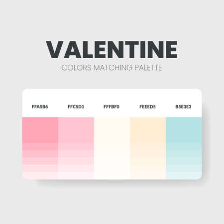 Valentine color matching palettes or color schemes are trends combinations and palette guides this year; table color shades in RGB or HEX. A color swatch for a fresh fashion, home, or interiorのイラスト素材