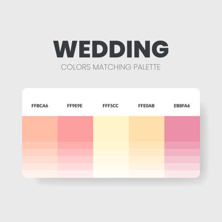 Wedding color matching palettes or color schemes are trends combinations and palette guides this year; table color shades in RGB or HEX. A color swatch for a fresh fashion, home, or interior setのイラスト素材
