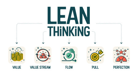 A vector illustration infographic of lean thinking has value, value stream flow, pull, and perfection. The flowchart banner is a system thinking in manufacture to get value chain and productivityのイラスト素材