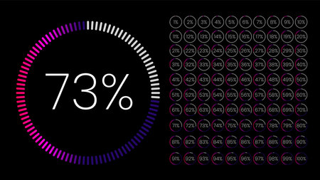 Set of gradient circle percentage meters from 0 to 100 for infographic, user interface design UI. Colorful pie chart downloading progress from purple to blue in black background. Cのイラスト素材