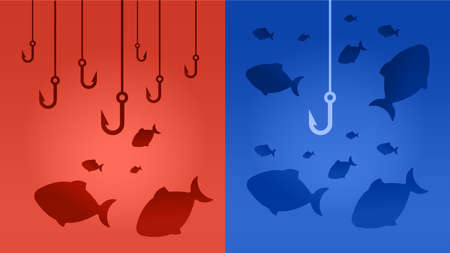 A comparison flowchart of the blue ocean concept. The Infographic is presented the blue ocean having a lot of hooks, but the red has less competition in the ocean for marketing analysisの写真素材