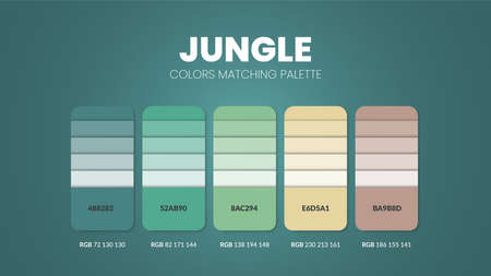 Jungle tone colour schemes ideas.Color palettes are trends combinations and palette guides this year, a table color shades in RGB or  HEX. A color swatch for a spring fashion, home, or interior designのイラスト素材