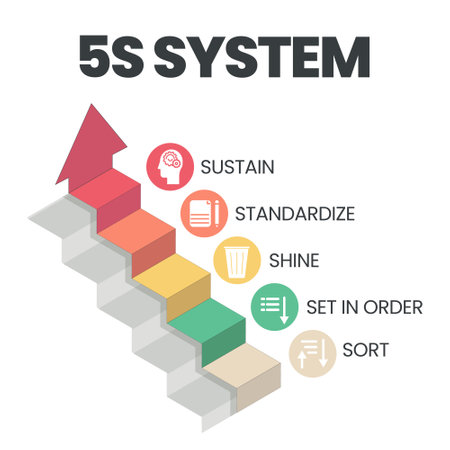 A vector banner of the 5S system is organizing spaces industry performed effectively, and safely in five steps; Sort, Set in Order, Shine, Standardize
, and Sustain with lean process