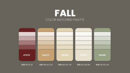 Fall theme color palettes or color schemes are trends combinations and palette guides this year, a table color shades in RGB or HEX. A color swatch for a spring fashion, home, or interior designのイラスト素材