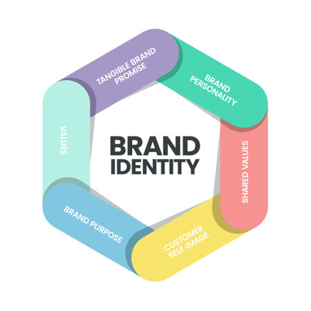 Brand identity infographic vector is digital marketing concept in 6 elements to distinguish the brand in consumers' minds such as brand personality, sharped values, customer self-image, purpose, valueのイラスト素材
