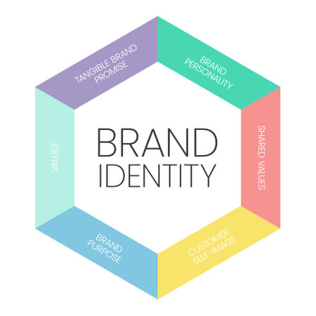 Brand identity infographic vector is digital marketing concept in 6 elements to distinguish the brand in consumers' minds such as brand personality, sharped values, customer self-image, purpose, valueのイラスト素材
