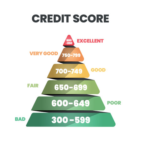Credit score ranking template in 6 levels of worthiness bad, poor, fair, good, very good, and excellent icon in vector illustration. Rating is for customer satisfaction, performance, speed monitoring.のイラスト素材