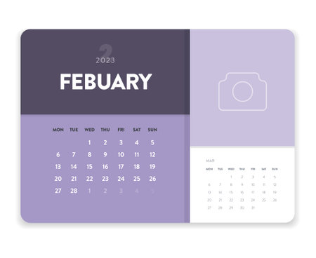 Creative minimal business monthly 2023 Calendar template vector. Desk, wall calendar for print, digital calendar or planner. Week start on Monday. Simple modern annual calendar layout design. Februaryのイラスト素材