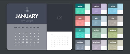 Creative minimal business monthly 2023 Calendar template vector. Desk, wall calendar for print, digital calendar or planner. Week start on Monday. Simple modern annual calendar layout design elements.のイラスト素材