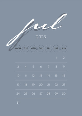 Creative minimal business monthly 2023 Calendar template vector. Desk, wall calendar for print, digital calendar or planner. Week start on Monday. Simple modern annual calendar layout design. July.のイラスト素材