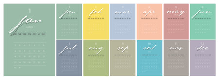 Creative minimal business monthly 2023 Calendar template vector. Desk, wall calendar for print, digital calendar or planner. Week start on Monday. Simple modern annual calendar layout design elements.のイラスト素材