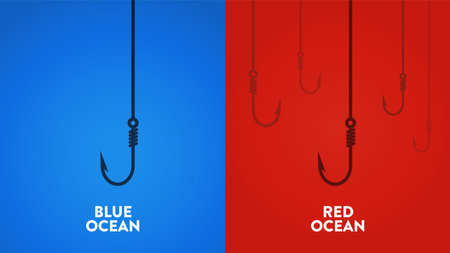 The chart has boats in the colored sea. The Blue Ocean Strategy concept presentation is a vector infographic element of marketing. The red has bloody mass competition and the blue is a niche market.The chart has boats in the colored sea. The Blue Ocean Strategy concept presentation is a vector infographic element of marketing. The red has bloody mass competition and the blue is a niche market.のイラスト素材
