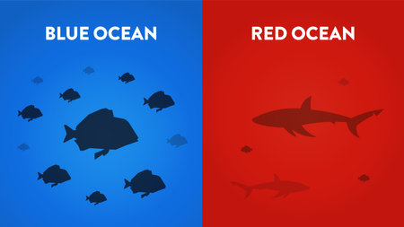 The chart has boats in the colored sea. The Blue Ocean Strategy concept presentation is a vector infographic element of marketing. The red has bloody mass competition and the blue is a niche market.The chart has boats in the colored sea. The Blue Ocean Strategy concept presentation is a vector infographic element of marketing. The red has bloody mass competition and the blue is a niche market.のイラスト素材