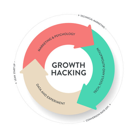 Growth Hacking analyzing data strategy infographic diagram presentation banner template vector to identify and optimize tactic for rapid and sustainable business growth. Business and marketing theory.のイラスト素材