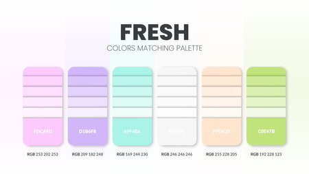 Color palette in Fresh colour theme collections. Color inspiration or colour chart with codes template. Color combination set of RGB. Colors swatch for graphic design, art, fashion, or web design.のイラスト素材