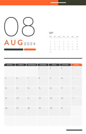 Creative minimal business monthly 2024 Calendar template vector. Desk, wall calendar for print, digital calendar or planner. Week start on Monday. Annual calendar layout design elements. August.のイラスト素材