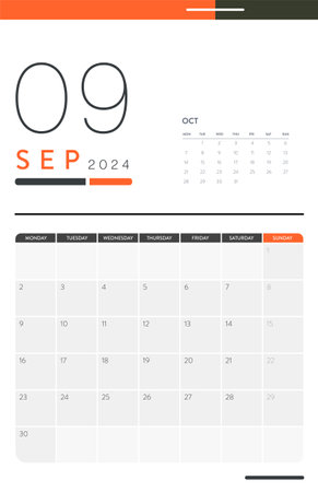 Creative minimal business monthly 2024 Calendar template vector. Desk, wall calendar for print, digital calendar or planner. Week start on Monday. Annual calendar layout design elements. September.のイラスト素材