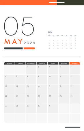 Creative minimal business monthly 2024 Calendar template vector. Desk, wall calendar for print, digital calendar or planner. Week start on Monday. Annual calendar layout design elements. May.のイラスト素材