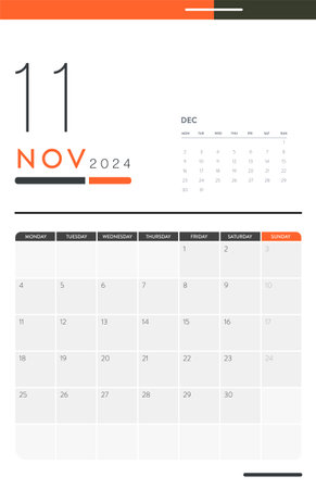 Creative minimal business monthly 2024 Calendar template vector. Desk, wall calendar for print, digital calendar or planner. Week start on Monday. Annual calendar layout design elements. November.のイラスト素材