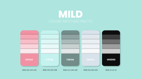 Color palette in Mild colour theme collections. Color inspiration or colour chart with codes template. Color combination set of RGB. Colors swatch for graphic design, art, fashion, or web design.のイラスト素材