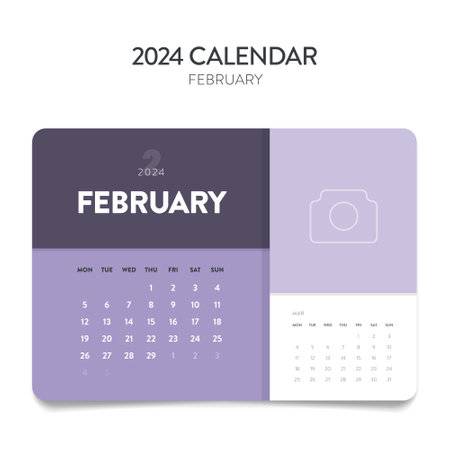 Creative minimal business monthly 2024 Calendar template vector. Desk, wall calendar for print, digital calendar or planner. Week start on Monday. Annual calendar layout design elements. February.のイラスト素材