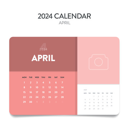 Creative minimal business monthly 2024 Calendar template vector. Desk, wall calendar for print, digital calendar or planner. Week start on Monday. Annual calendar layout design elements. April.のイラスト素材