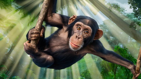 a cute chimpanzee hangs from a tree branch in the jungle, its eyes looking directly at the viewer.の素材
